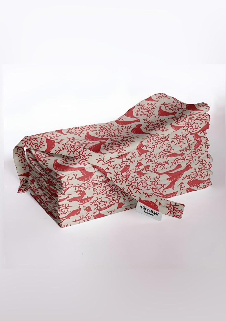 12Pcs Red And Off White Printed Cotton Table Napkins