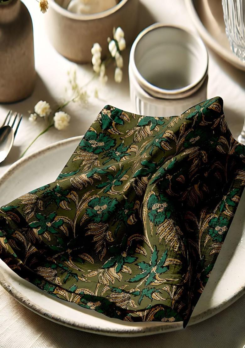 12Pcs Olive Green Printed Cotton Table Napkins