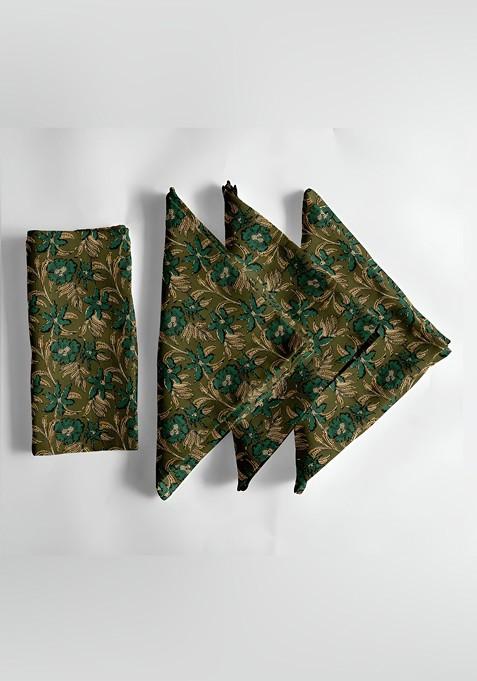 12Pcs Olive Green Printed Cotton Table Napkins