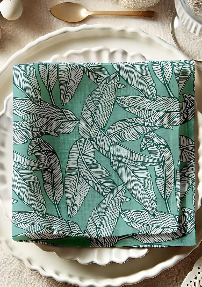 12Pcs Sea Green And White Printed Cotton Table Napkins
