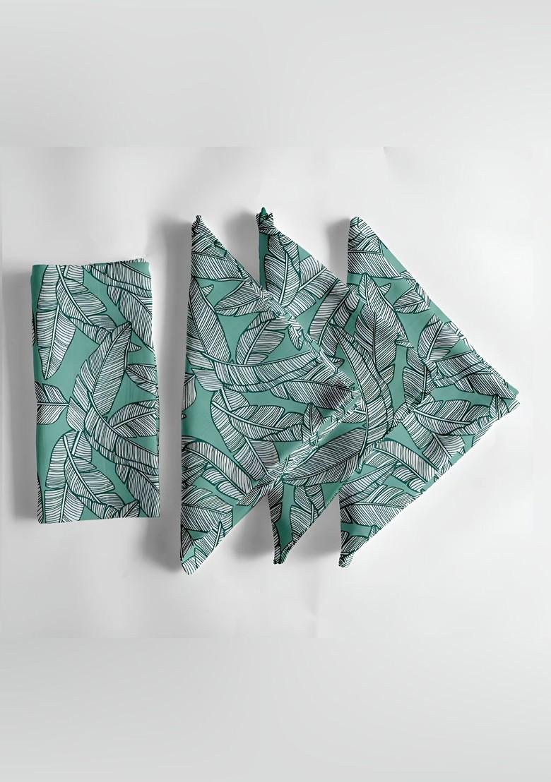 12Pcs Sea Green And White Printed Cotton Table Napkins