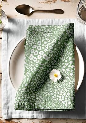 12Pcs Green And White Printed Cotton Table Napkins