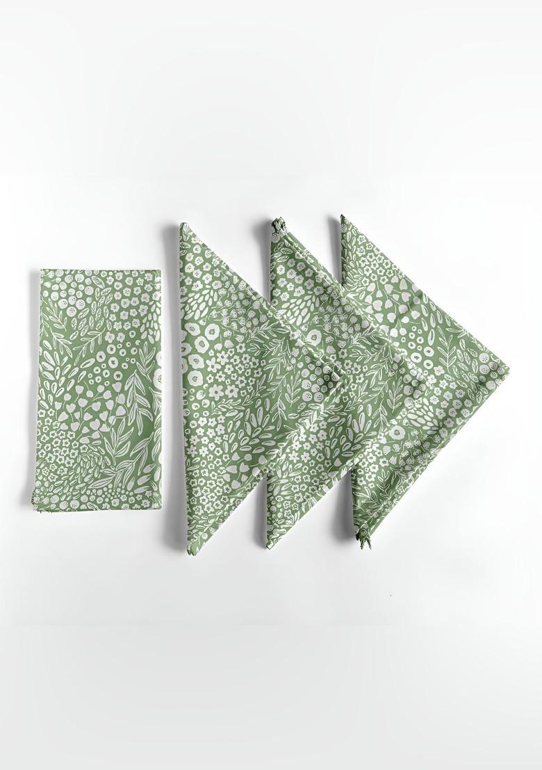 12Pcs Green And White Printed Cotton Table Napkins