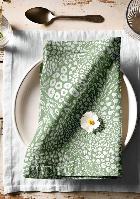 12Pcs Green And White Printed Cotton Table Napkins