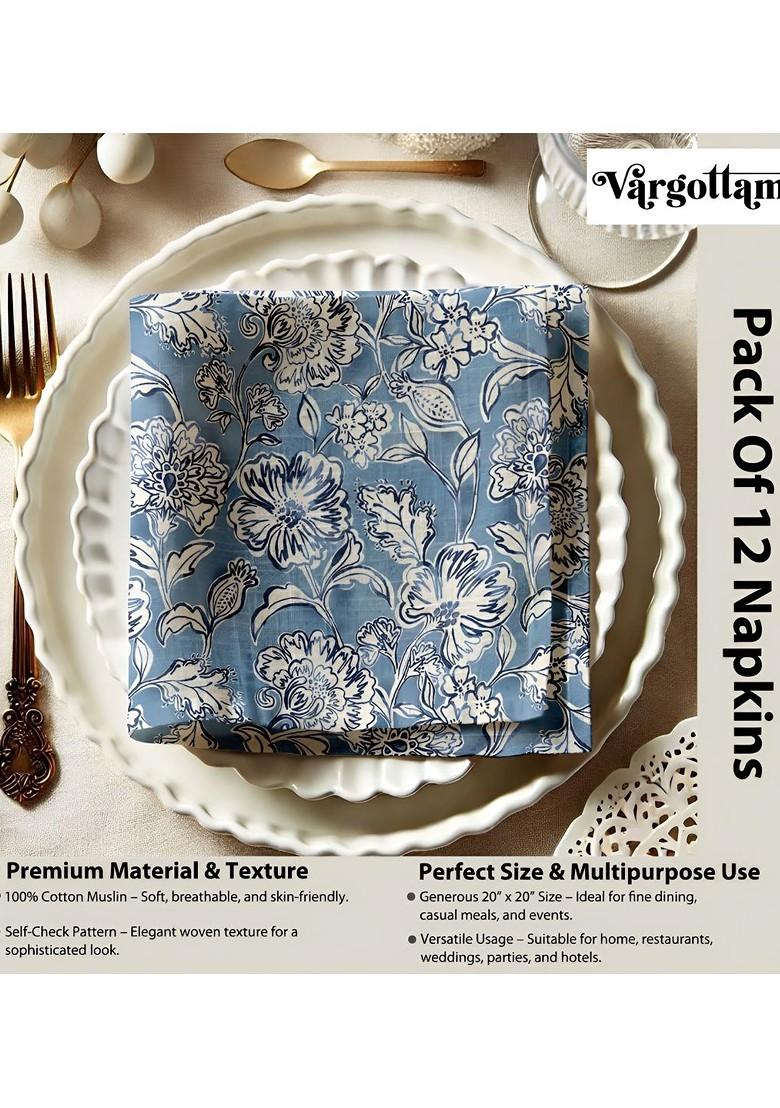 12Pcs Blue And White Printed Cotton Table Napkins