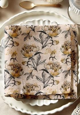 12Pcs Cream Colored And Black Printed Cotton Table Napkins