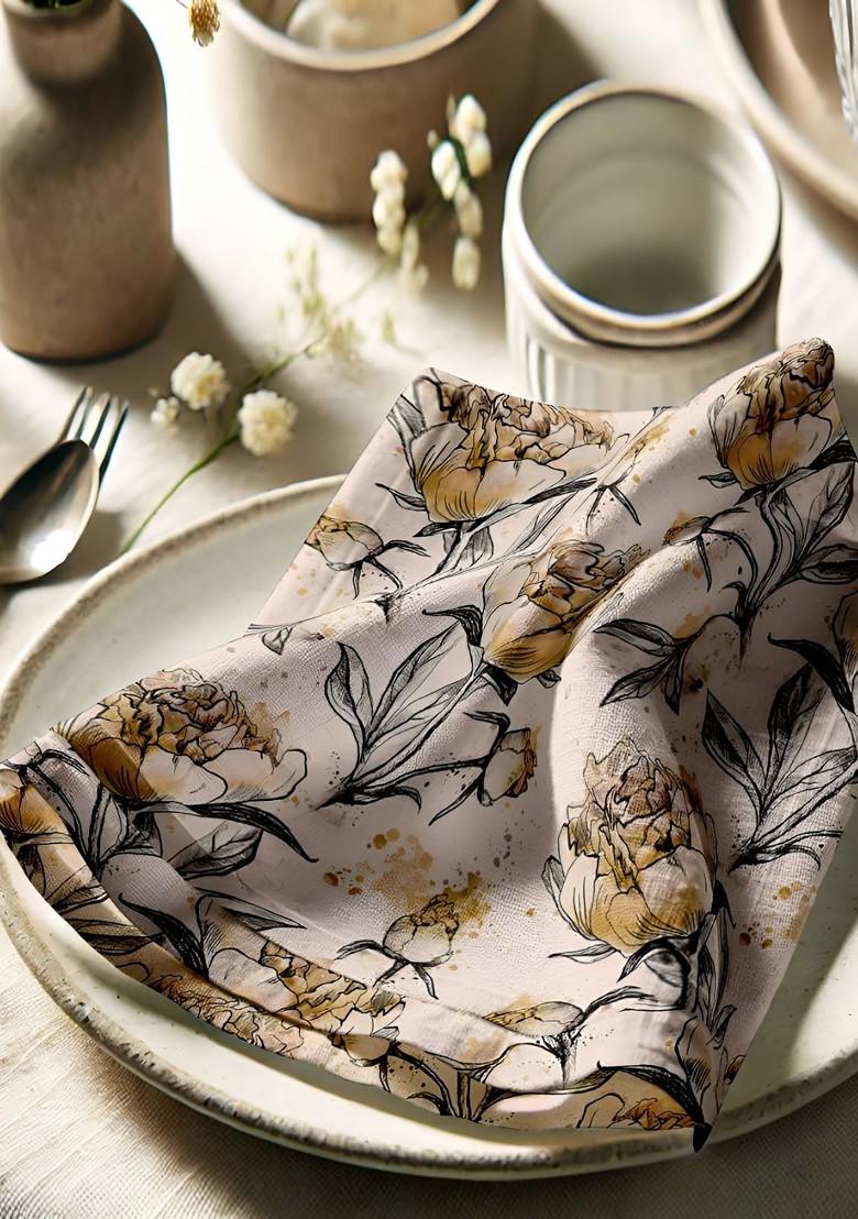 12Pcs Cream Colored And Black Printed Cotton Table Napkins
