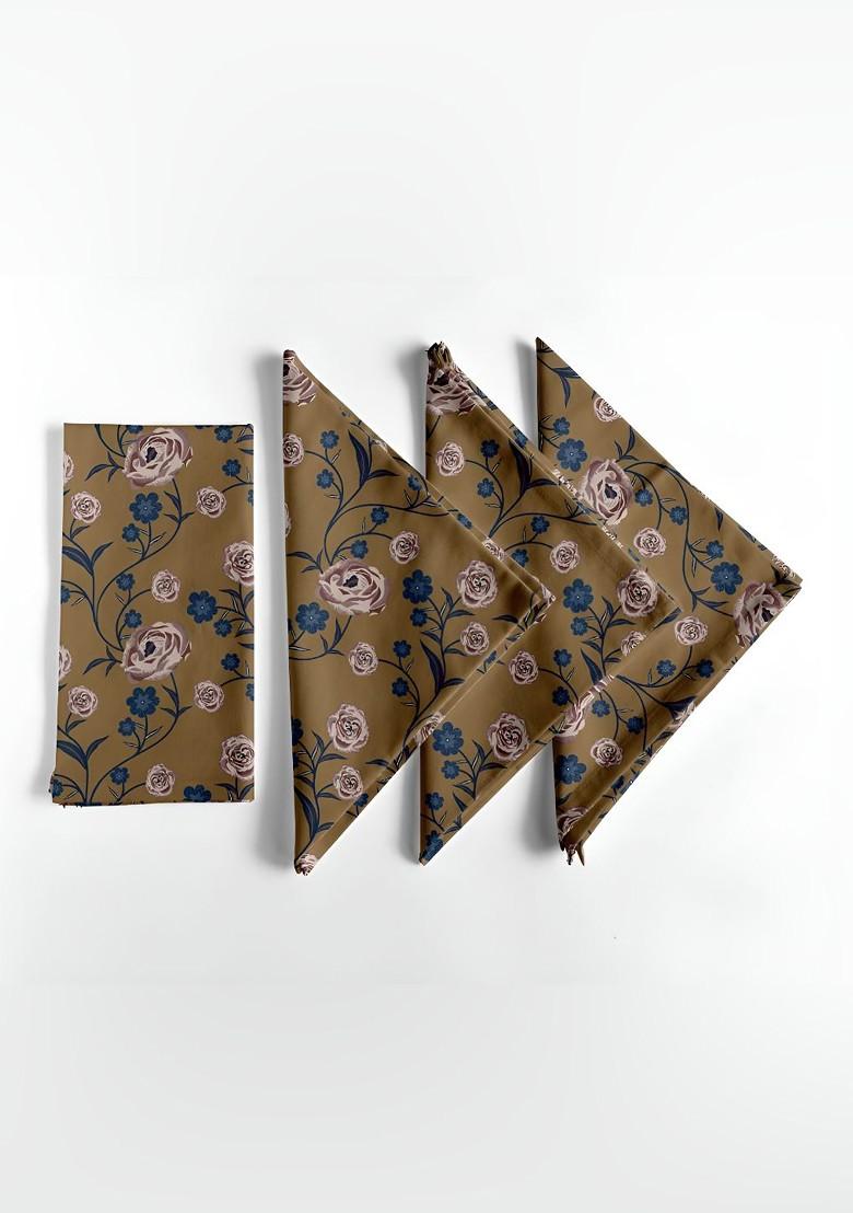 Brown And Blue 12 Pieces Printed Cotton Reusable And Disposable Table Napkins