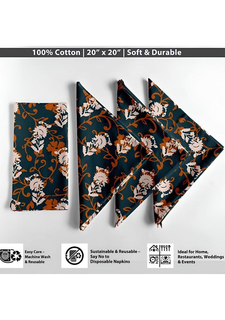 Teal And White 12 Pieces Printed Cotton Reusable And Disposable Table Napkins