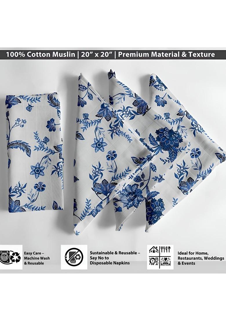 Blue And White 12 Pieces Printed Cotton Table Napkin Set