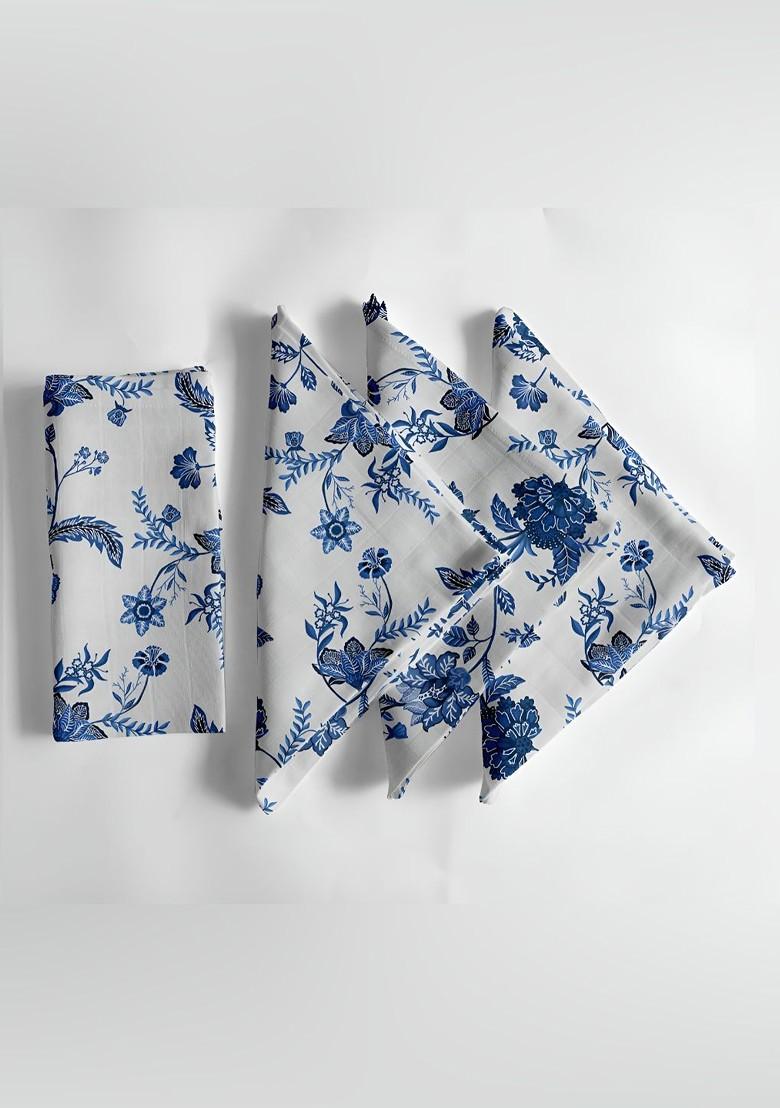 Blue And White 12 Pieces Printed Cotton Table Napkin Set
