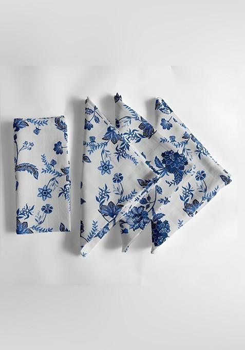 Blue And White 12 Pieces Printed Cotton Table Napkin Set