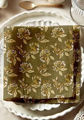 12 Piece Green And White Printed Cotton Table Napkins