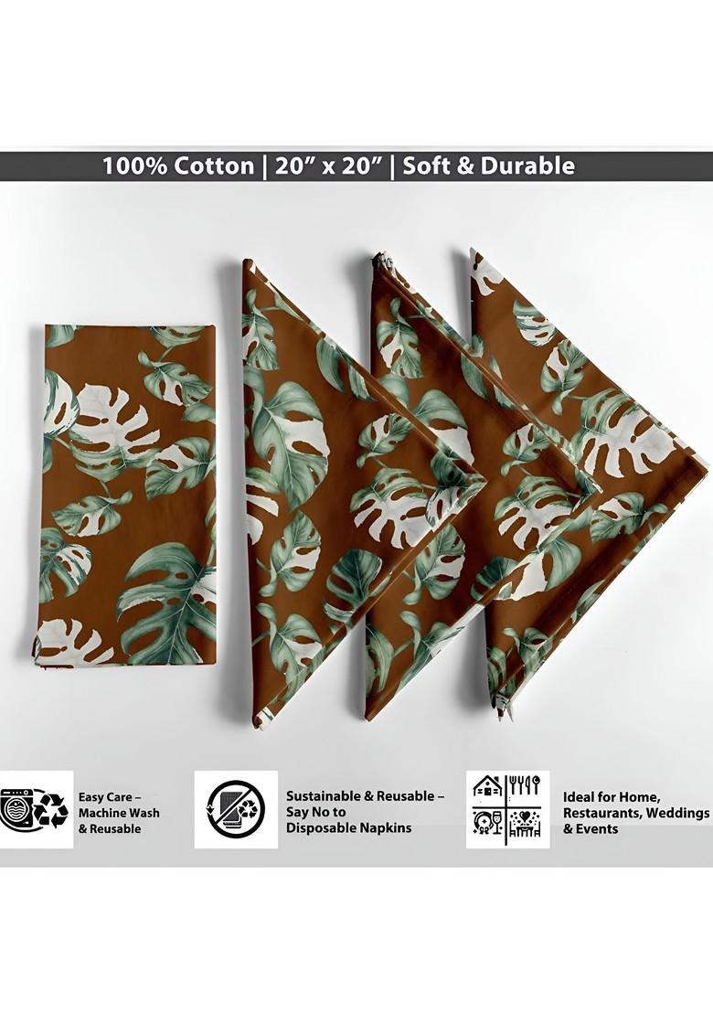 Brown And Green 12 Pieces Printed Cotton Reusable And Disposable Table Napkins