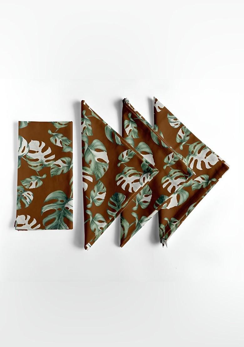 Brown And Green 12 Pieces Printed Cotton Reusable And Disposable Table Napkins