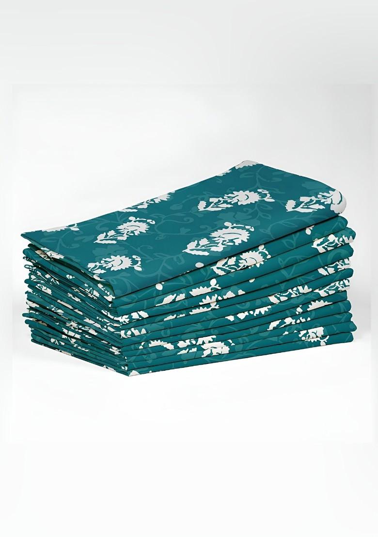 12 Piece Green And White Printed Cotton Table Napkins