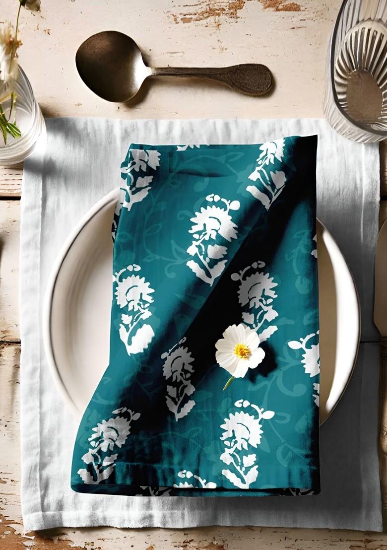 12 Piece Green And White Printed Cotton Table Napkins