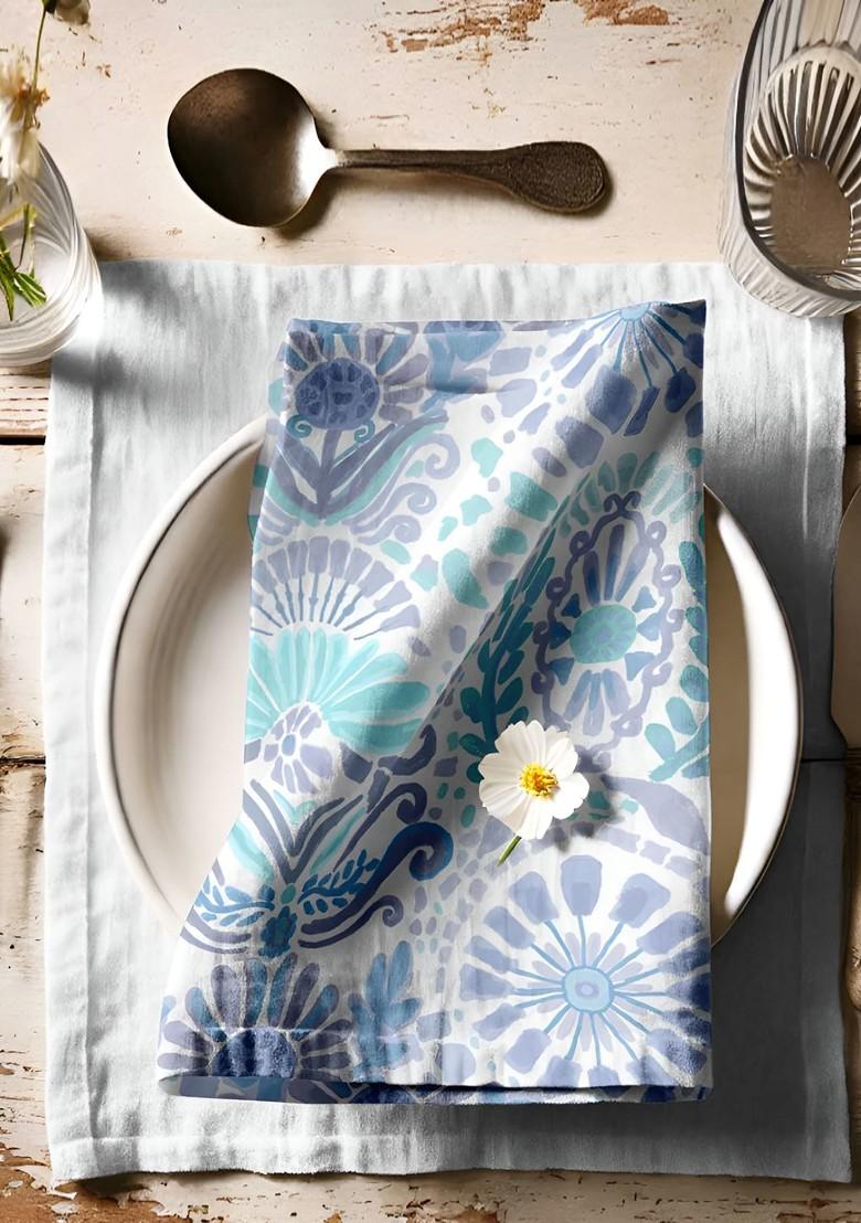 Blue And White 12 Pieces Printed Cotton Reusable And Disposable Table Napkins