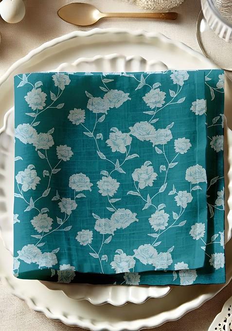 12 Piece Teal Green And White Printed Cotton Table Napkins