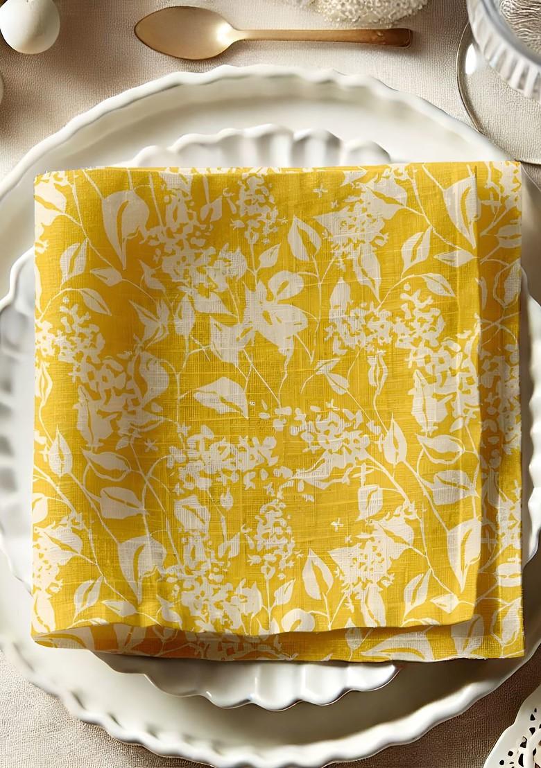 Yellow And White 12 Pieces Printed Cotton Reusable And Disposable Table Napkins