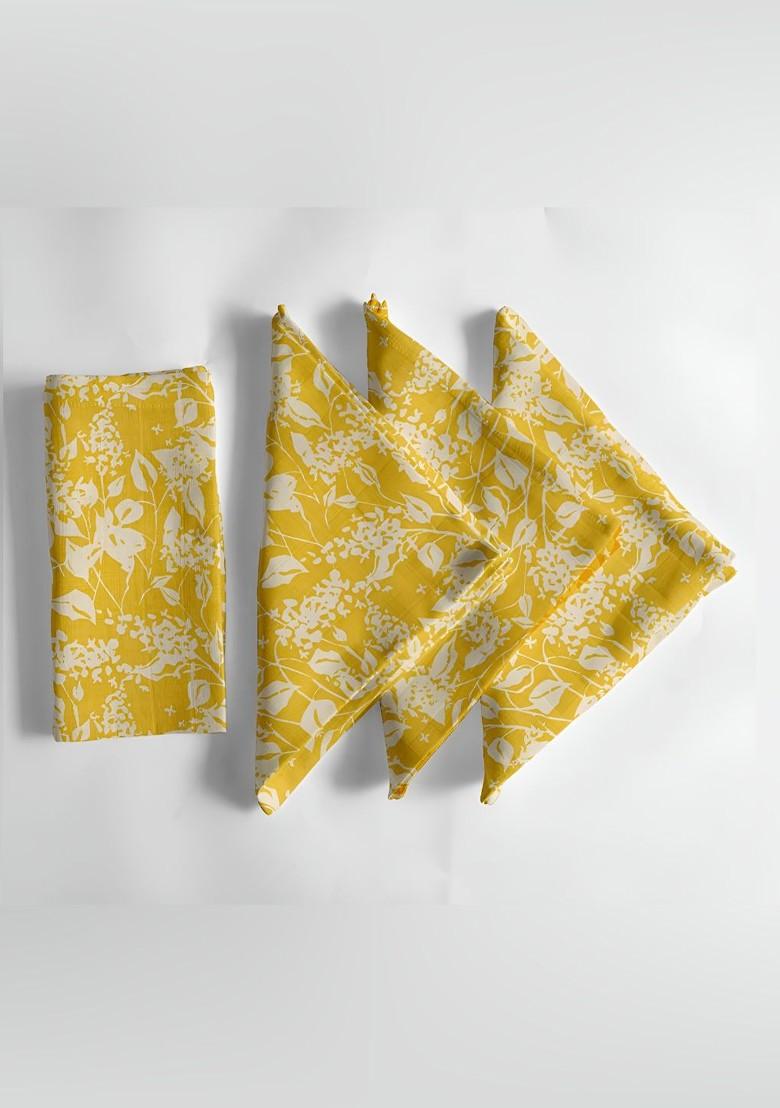 Yellow And White 12 Pieces Printed Cotton Reusable And Disposable Table Napkins