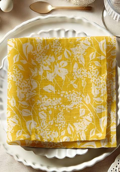 Yellow And White 12 Pieces Printed Cotton Reusable And Disposable Table Napkins