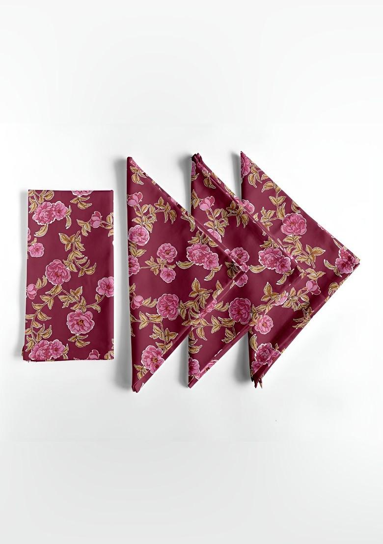 12 Piece Burgundy And Green Printed Cotton Table Napkins