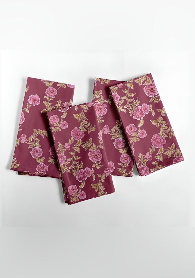 12 Piece Burgundy And Green Printed Cotton Table Napkins