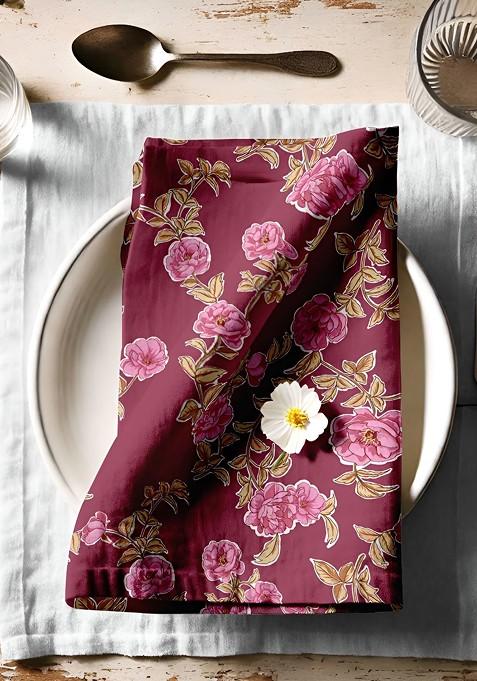 12 Piece Burgundy And Green Printed Cotton Table Napkins