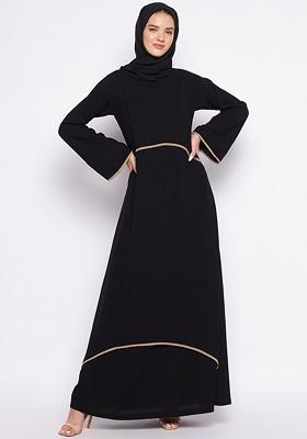 Women Black Solid Piping Design Double Layer Abaya Burqa