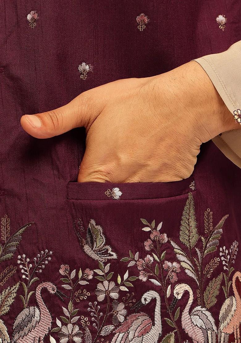 Maroon Embroidered Brocade Nehru Jackets For Men
