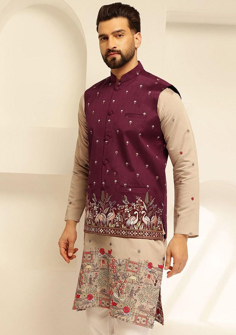 Maroon Embroidered Brocade Nehru Jackets For Men