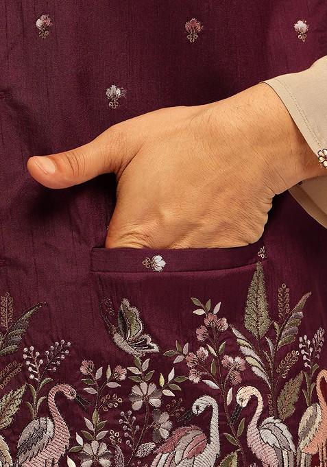 Maroon Embroidered Brocade Nehru Jackets For Men