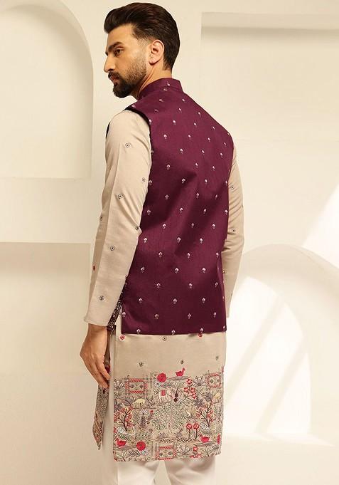 Maroon Embroidered Brocade Nehru Jackets For Men