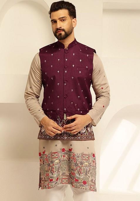 Maroon Embroidered Brocade Nehru Jackets For Men