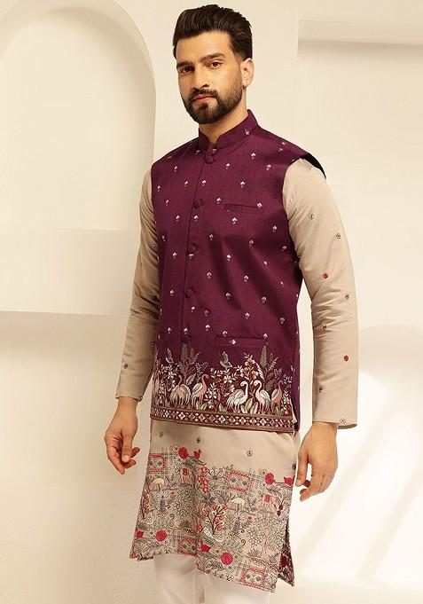 Maroon Embroidered Brocade Nehru Jackets For Men