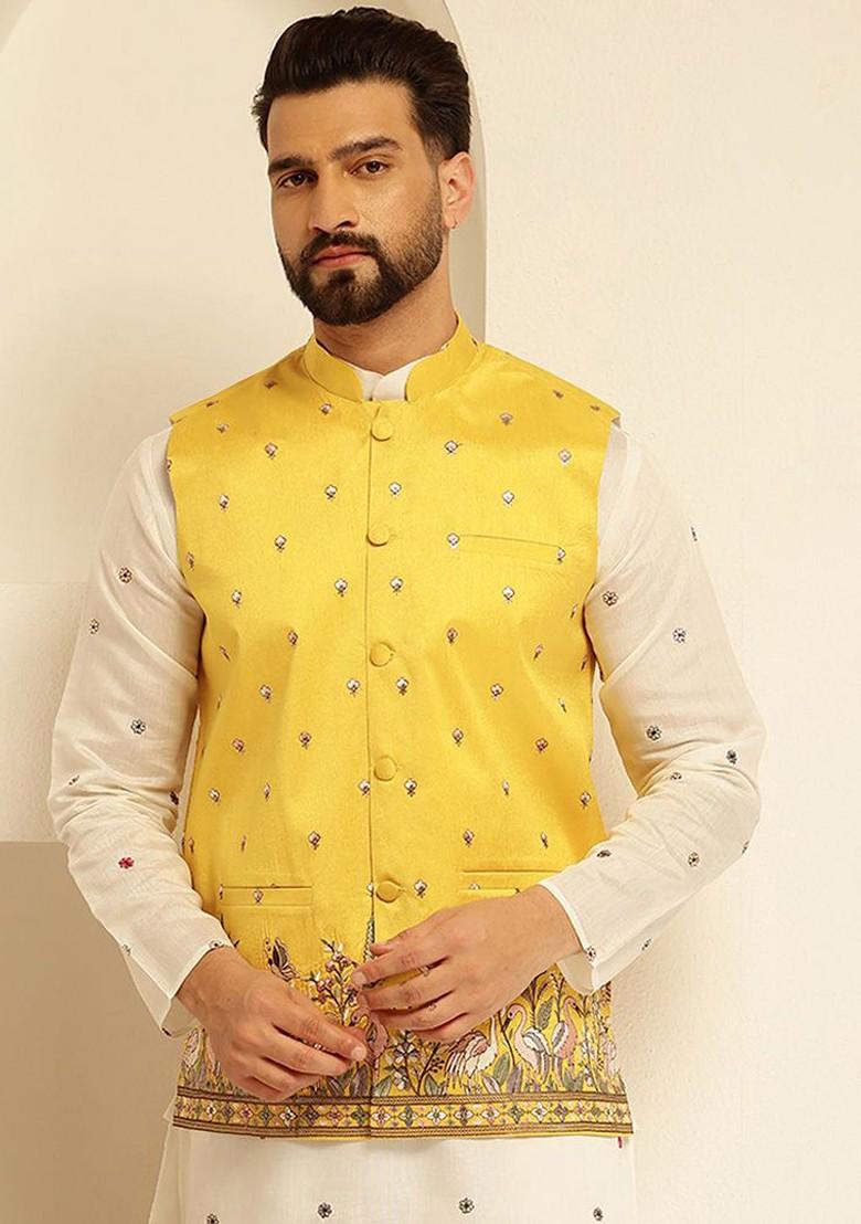 Yellow Embroidered Poly Blend Nehru Jackets For Men