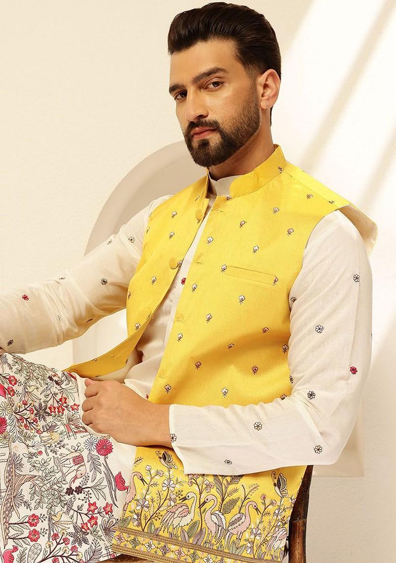 Yellow Embroidered Poly Blend Nehru Jackets For Men