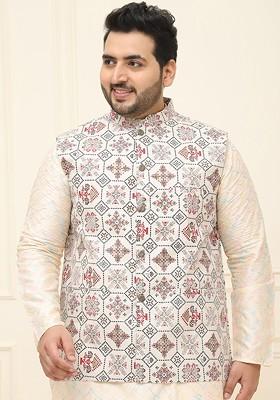 Cream Ethnic Motifs Cotton Nehru Jackets For Men