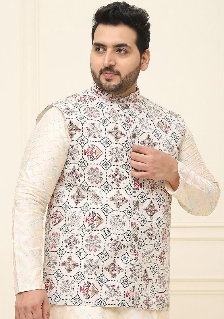 Cream Ethnic Motifs Cotton Nehru Jackets For Men