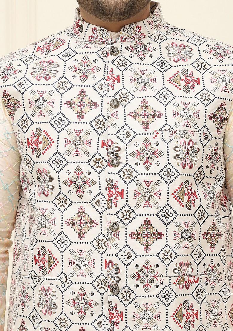 Cream Ethnic Motifs Cotton Nehru Jackets For Men