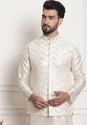 Cream Embellished Silk Nehru Jackets For Men