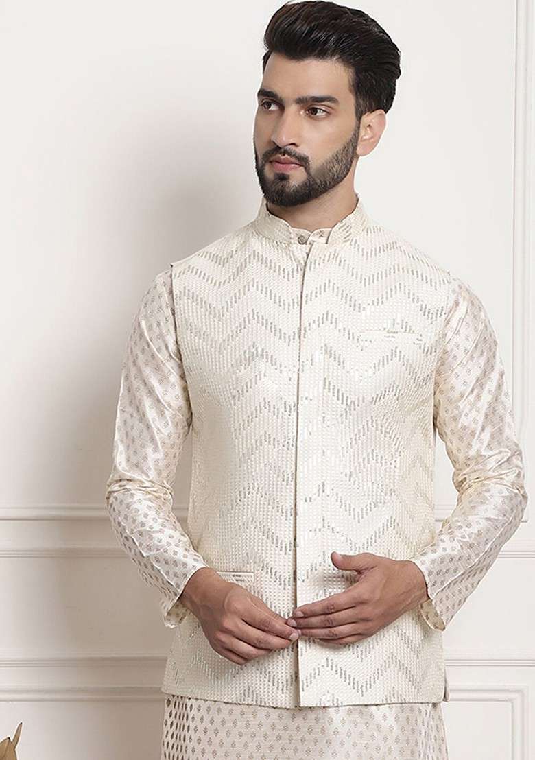 Cream Embellished Silk Blend Nehru Jackets For Men - Indya