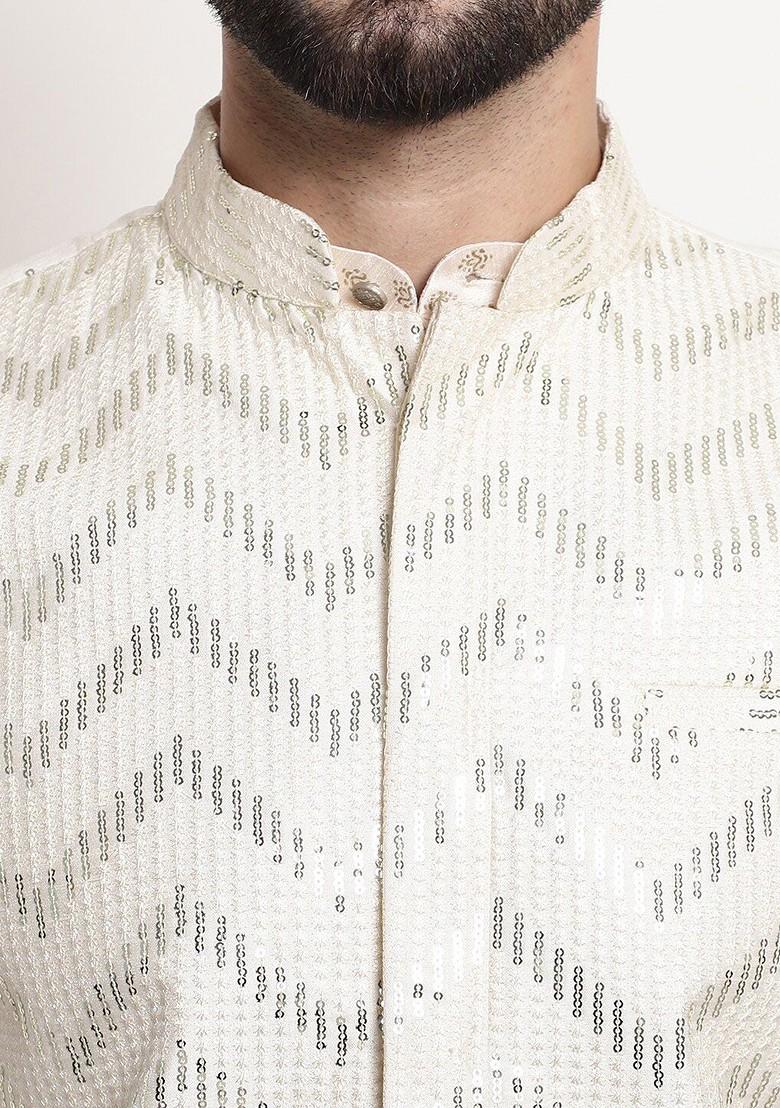 Cream Embellished Silk Nehru Jackets For Men