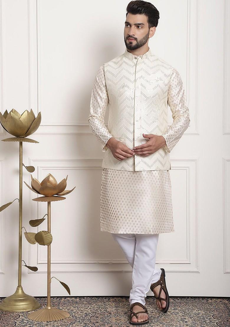 Cream Embellished Silk Nehru Jackets For Men
