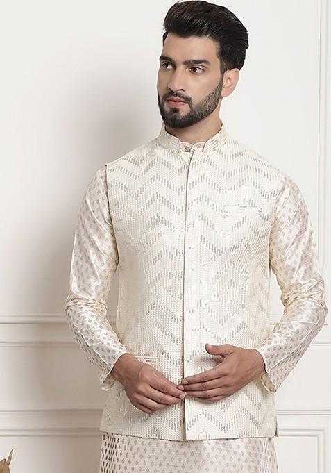 Cream Embellished Silk Nehru Jackets For Men — view on Indya