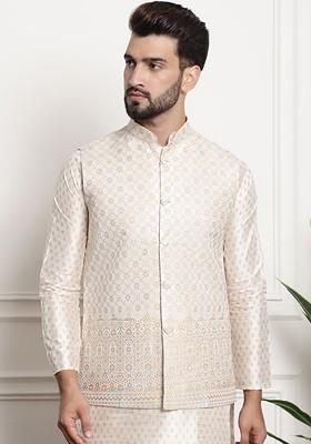 Cream Embroidered Poly Blend Nehru Jackets For Men