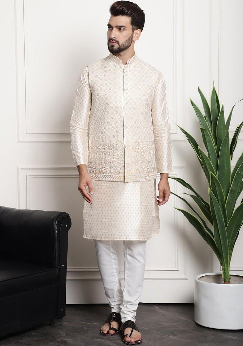 Cream Embroidered Poly Blend Nehru Jackets For Men