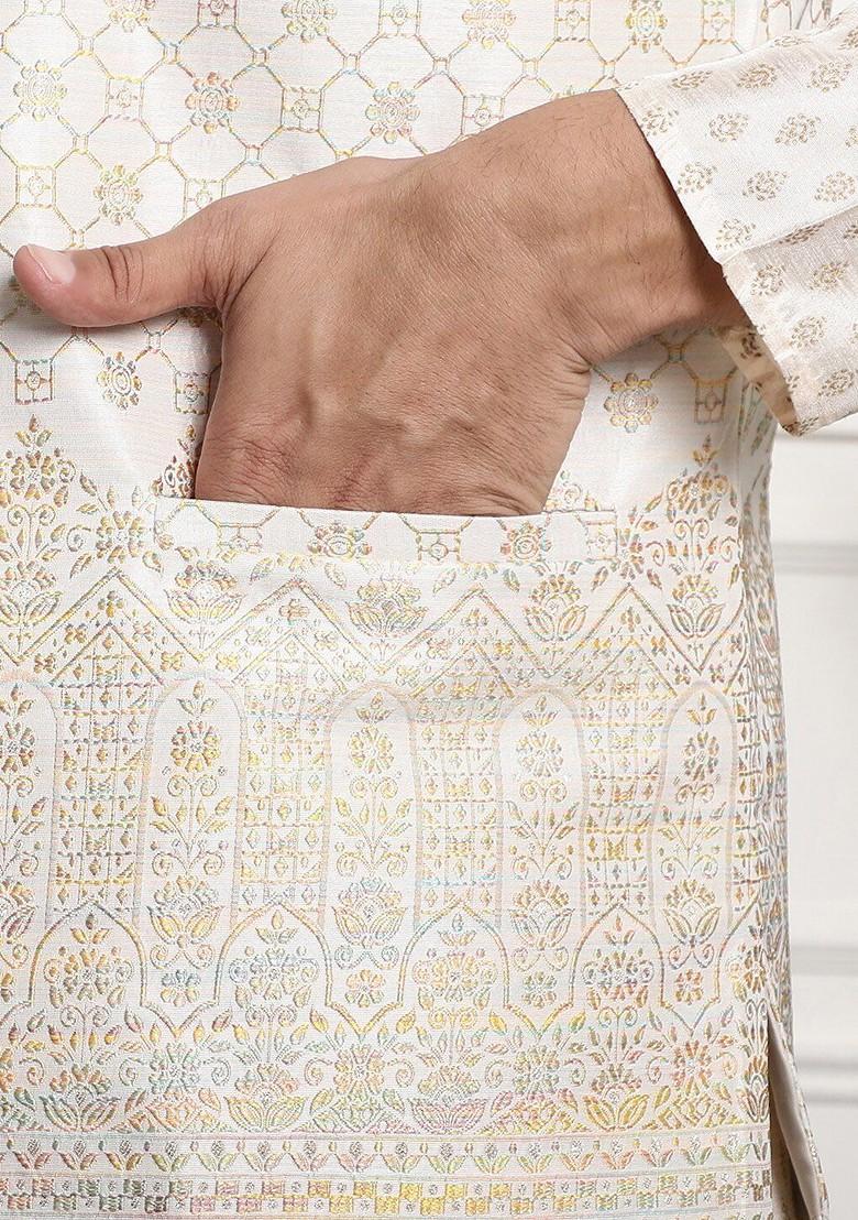 Cream Embroidered Poly Blend Nehru Jackets For Men