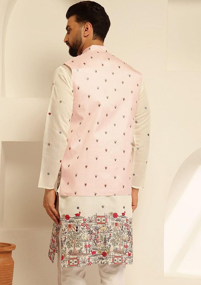 Pink Embroidered Poly Blend Nehru Jackets For Men